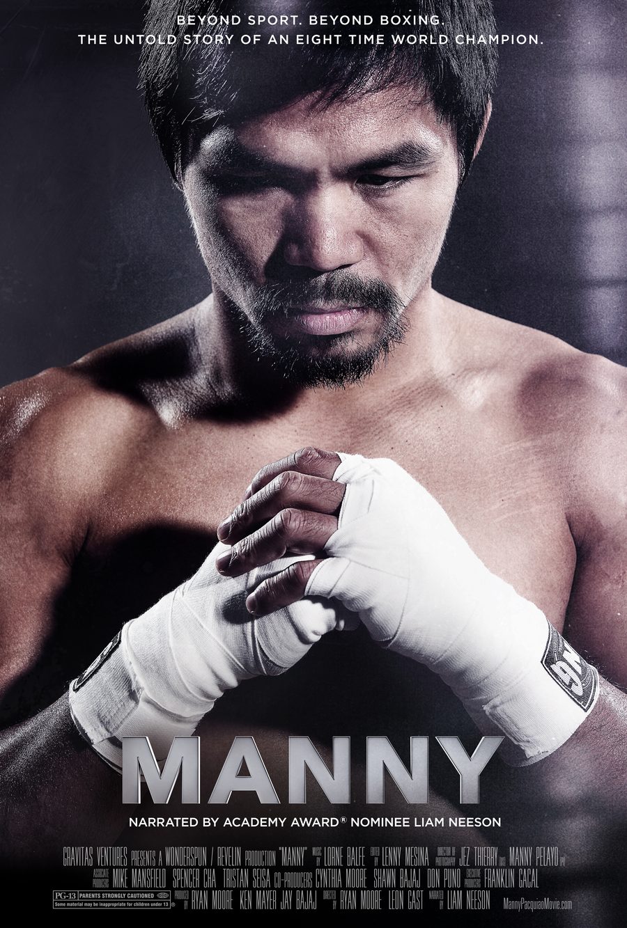 Theatrical one-sheet for Manny: Beyond sport. Beyond boxing. The untold story of an eight time world champion.